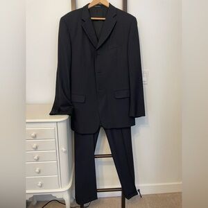 Men's Italian Black Pinstripe Two-Piece Suit. Classic Tailored Blazer & Trousers